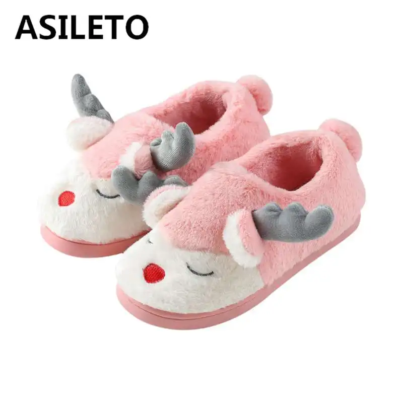 

ASILETO cartoon Christmas women slippers indoor cute deer home shoes warm plush flat slippers ladies zapatos large size 45