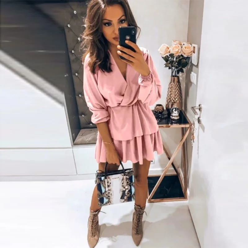 

MOARCHO Casual Sashes Solid Sexy Mini Dress Woman V-neck Lantern Sleeve Fashion Ruffles Hem Dresses Vestidos Autumn 2020 New
