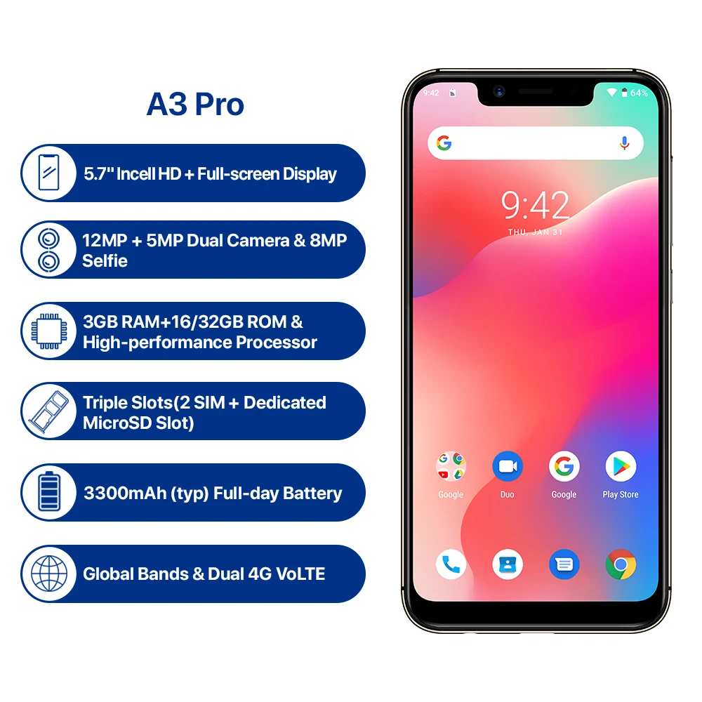 UMIDIGI A3 Pro глобальная полоса Android 9,0 5," 19:9 полноэкранный мобильный телефон 3 ГБ+ 32 ГБ 12 Мп+ 5 Мп разблокировка лица двойной 4G смартфон
