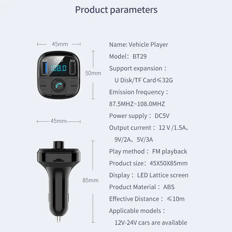 Новинка, Bluetooth 5,0, fm-передатчик, автомобильный комплект, MP3 модулятор, QC3.0, двойное USB Автомобильное зарядное устройство, светодиодный, решетчатый экран, режим эквалайзера