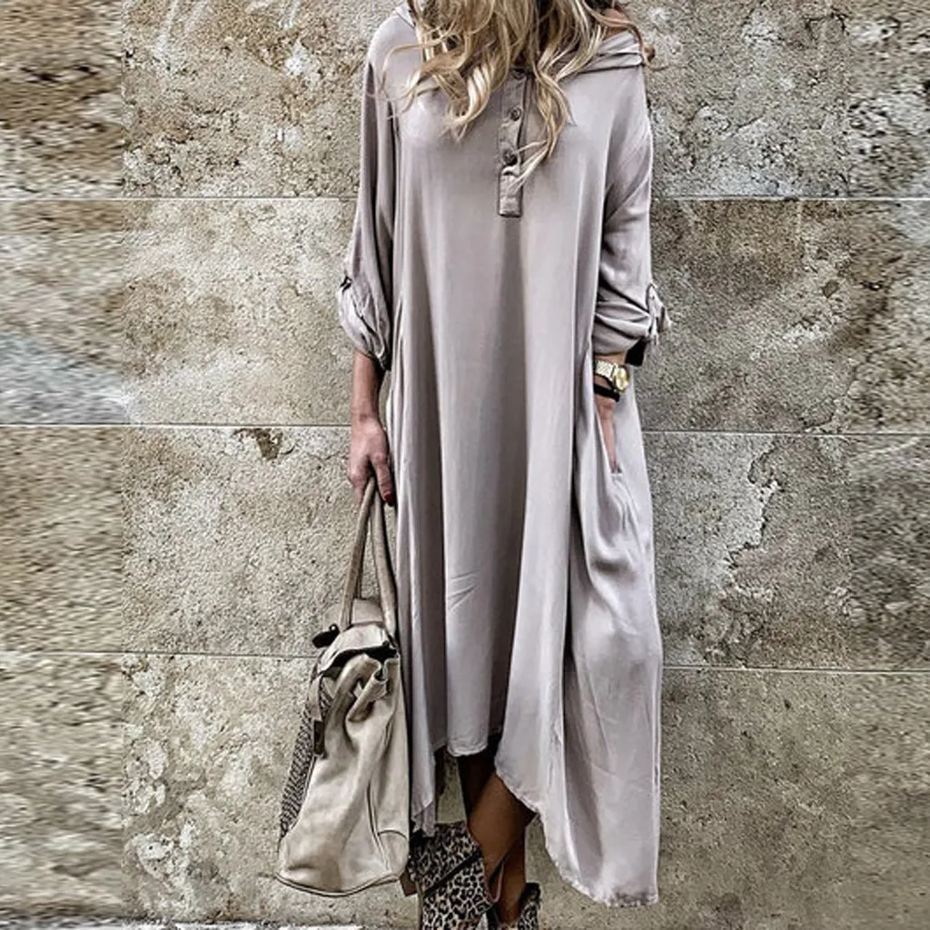 

JAYCOSIN Autumn Maxi Dresses Women Vintage Solid Button Loose Plus Size Long Sleeve Irregular Hoodie Long Dress Vestidos Robe