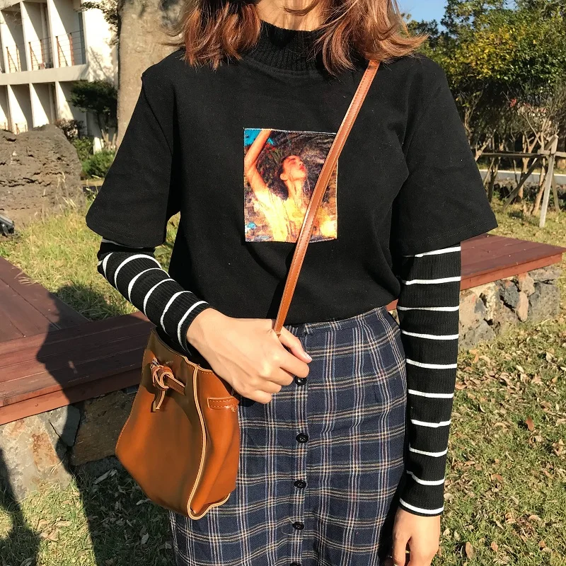 

Europe Patchwork Striped Long Sleeve Summer Autumn Women T Shirt Character Print Oversized basic Clothes 2019 Vogue Fake two Tee