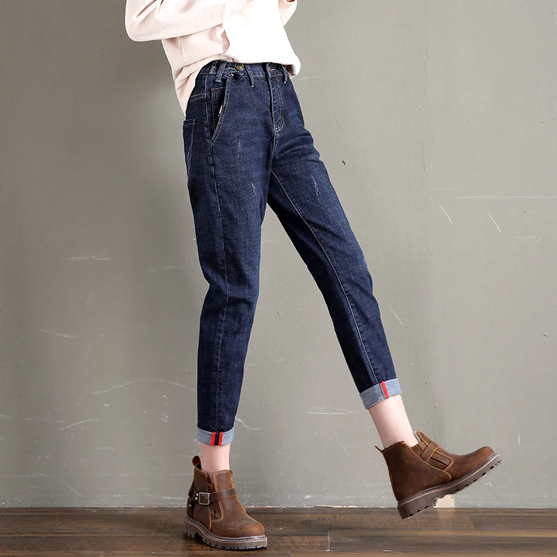 Women Jeans Pants Loose Casual Boyfriend Pants Solid Plain Pocket Denim Trousers Harajuku Ankle-Length Mom Jeans Vaqueros