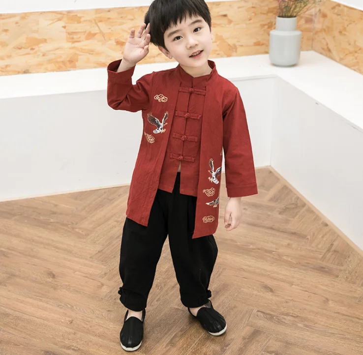 Традиционные китайские костюмы для мальчиков; детский хлопковый костюм для народных танцев; Дизайнерская одежда с вышивкой и воротником-стойкой; Рождественский подарок; ZL29