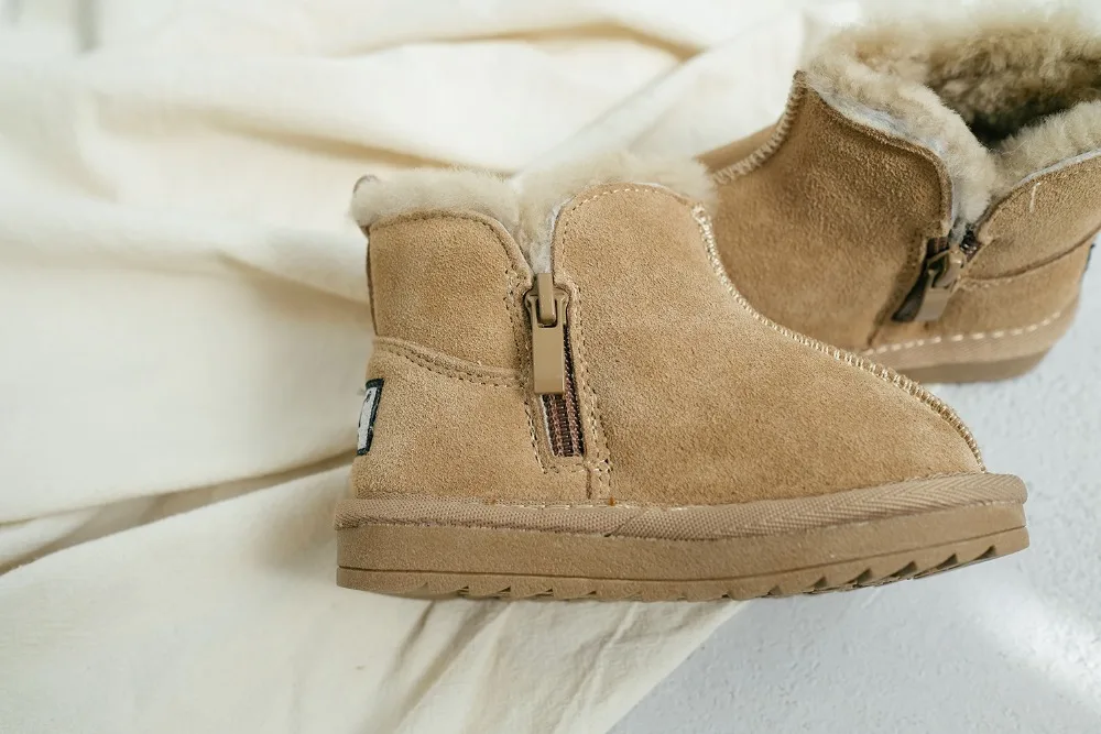 2020 New Winter Children Snow Boots Genuine Leather Wool Girls Boots Plush Boy Warm Shoes Fashion Kids Boots Baby Toddler Shoes