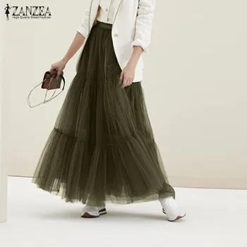 

2020 ZANZEA Women's Pleated Summer Sundress Elegant Mesh Patchwork Skirts Tulle Vestidos Female Solid High Waist Robe Plus Size