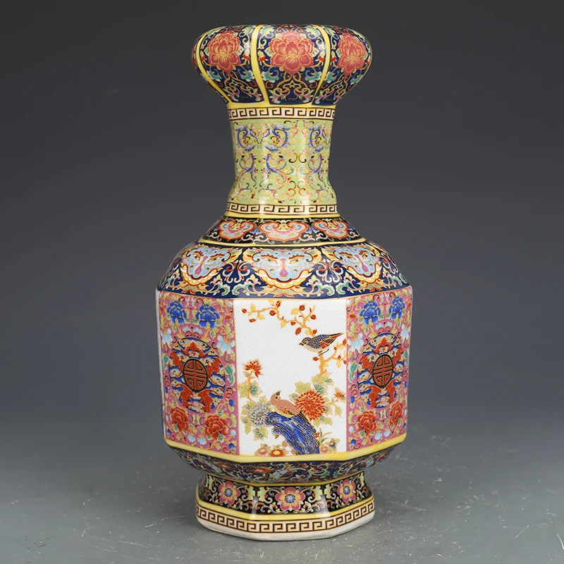 Антикварная керамическая ваза Qing Yong Zheng эмалированная с рисунком цветов и птиц