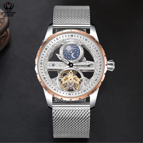 Полностью автоматический механизм полые мужские tourbillon из нержавеющей стали водонепроницаемые подарочные часы - Цвет: 9