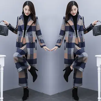 

2020 New Women's Loose Large Size Color Matching Wool Coat and Wide-leg Pants Two-piece Fashion Women's Clothing
