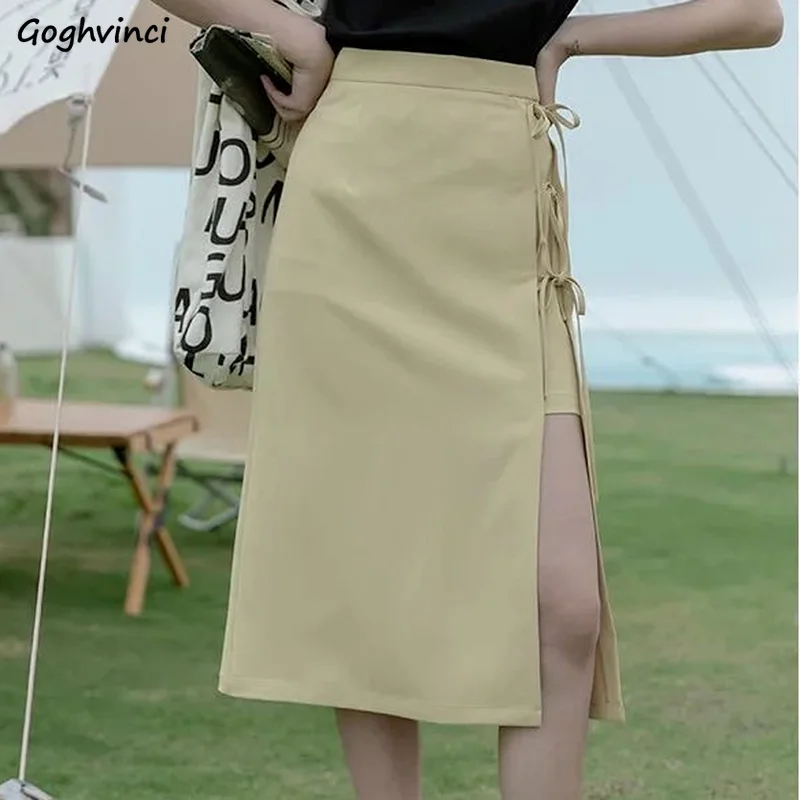 

High Waist Skirts Women Side-slit Lace-up Fashionable Creativity All-match Solid Elegant Korean Style Feminine Retro Casual New