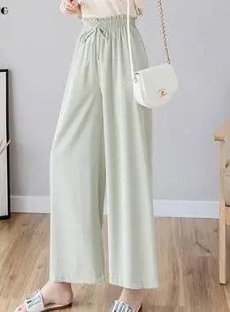 New Women Ice Silk knitted Wide Leg Pants Summer Elastic High Waist Drawstring Trousers Female Casual Loose Pant HH042 - Цвет: Photo Color 3