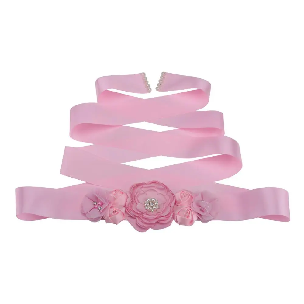 Pink Фото цветок из шелковой ленты невесты ремни девушки женщины створки ремни шифон цветок модные свадебные аксессуары Длинные украшения на платье - Цвет: Pink