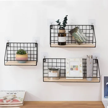 

3pcs Wall Mounted Hanging Shelf Rustic Modern Wood Wall Storage Shelves with Metal Wire Display Shelf For Bedroom Kitchen Office