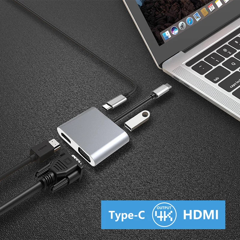 4 в 1 type-C к HDMI 4K VGA USB3.0 аудио-видео адаптер PD быстрое зарядное устройство@ JH