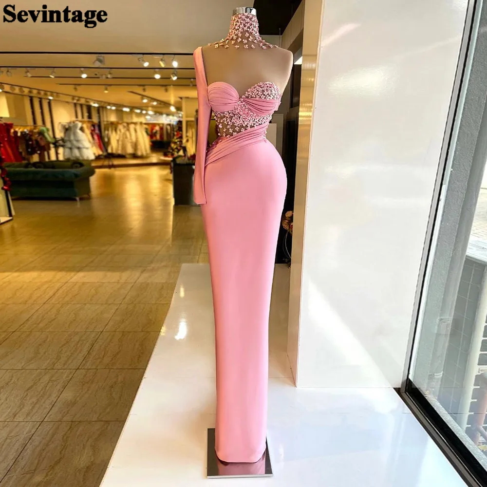 Sevintage Pink Mermaid Prom Dresses Soft Satin Sequin Long Sleeves Formal Evening Party Gowns High Neck  Dubai Women Prom Gowns