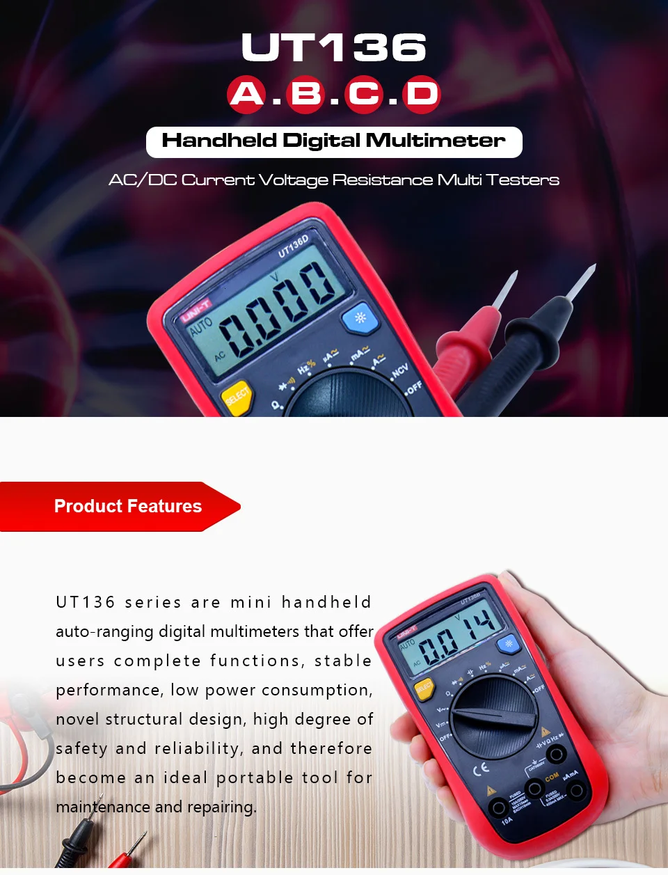 UNI-T UT136A/B/C/D Мини цифровой мультиметр AC/DC Вольтметр Амперметр Мульти Тестеры Автоматическое отключение питания с диодом ручной мультиметр