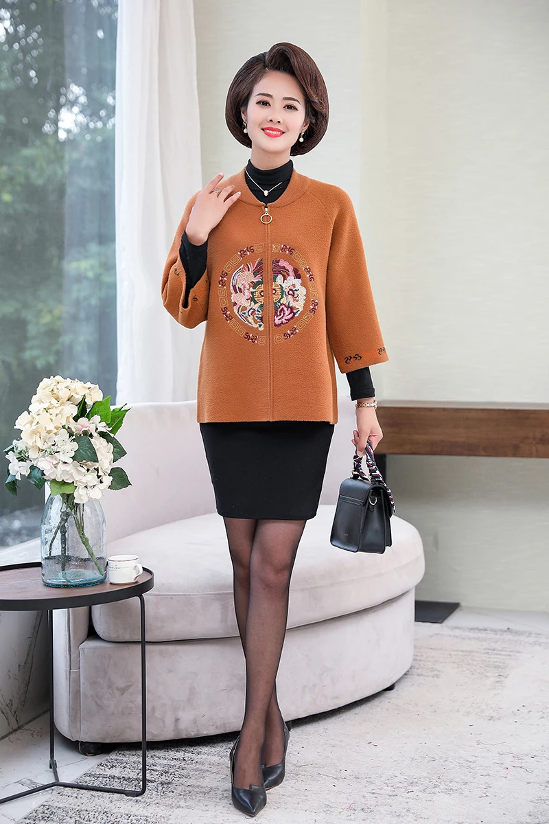 XJXKS Abrigos Mujer Invierno элегантная шерстяная Свободная куртка на молнии женское негабаритное пальто с вышивкой с рукавом в семь точек Женское пальто