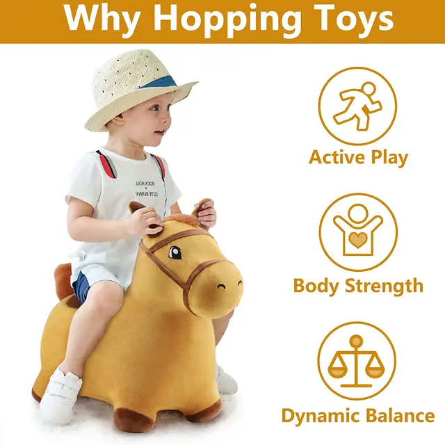 iPlay iLearn Kids Ride on Bouncy Play Toy Yellow Hopping Horse Plush Inflatable Hopper Christmas Gift for Boy Girl 2
