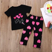 Детский комплект на День святого Валентина, футболка с короткими рукавами и буквенным принтом для маленьких девочек Топы+ штаны, одежда для малышей vetement garcon, детская одежда