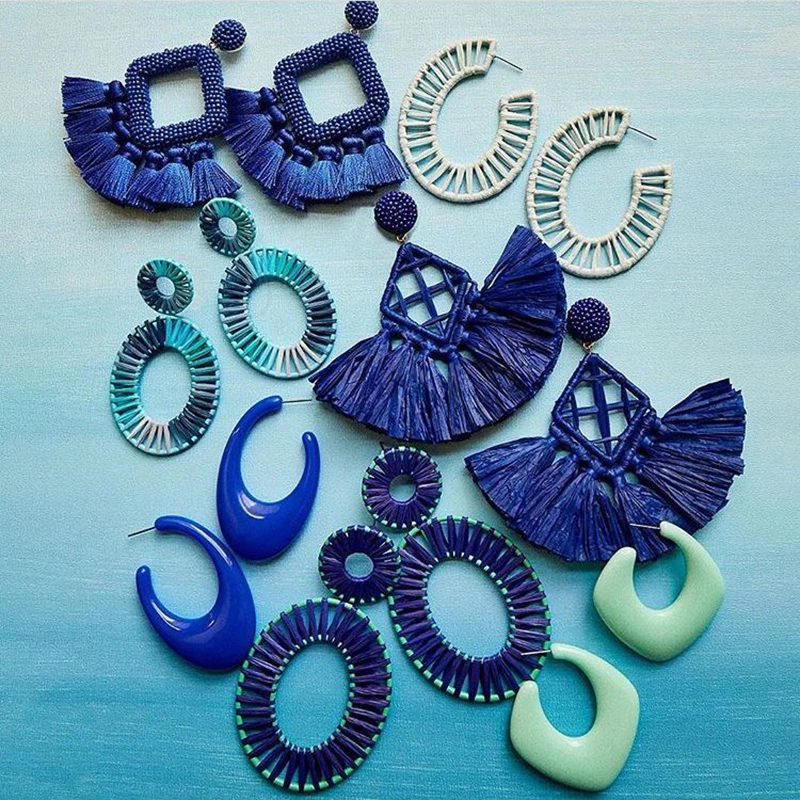 

Best lady Blue Raffia Eyes Tassel Earrings for Women Handmade Beaded Jewelry Palm Birds Flowers Drop Earring Wedding Party Gift