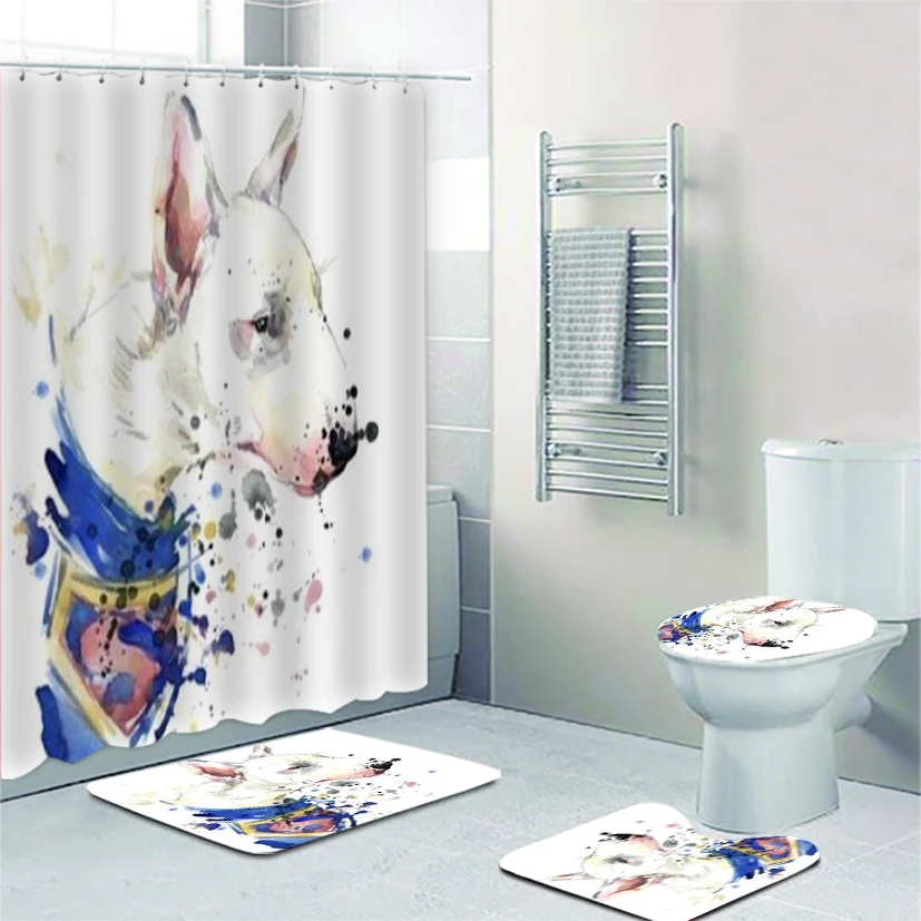 

Novelty Splash Painting Bull Terrier Dog Shower Curtain and Rug Set Watercolored Art Drawing Dogs Puppy Bathroom Curtains Mats