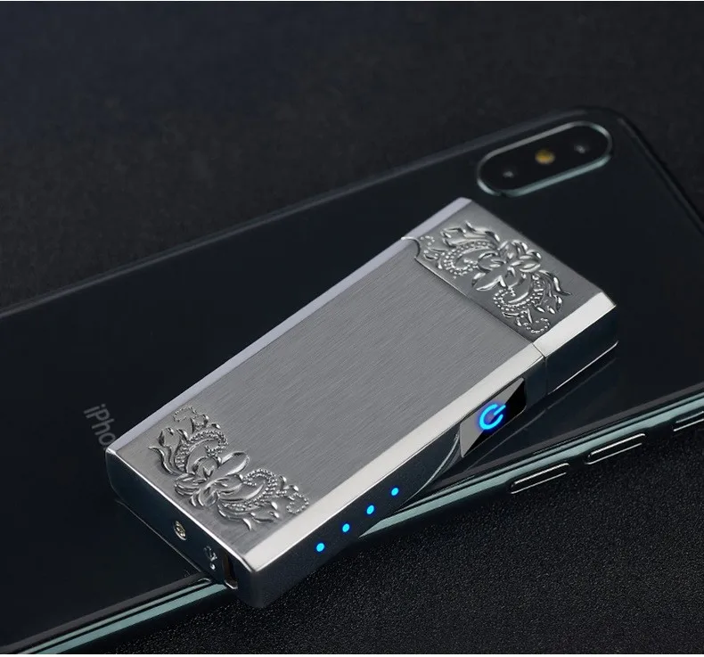 Отпечатков пальцев двойной дуги плазменная Зажигалка USB ветрозащитные, импульсные легче металла смарт-дисплей питания зажигалки - Цвет: Silver