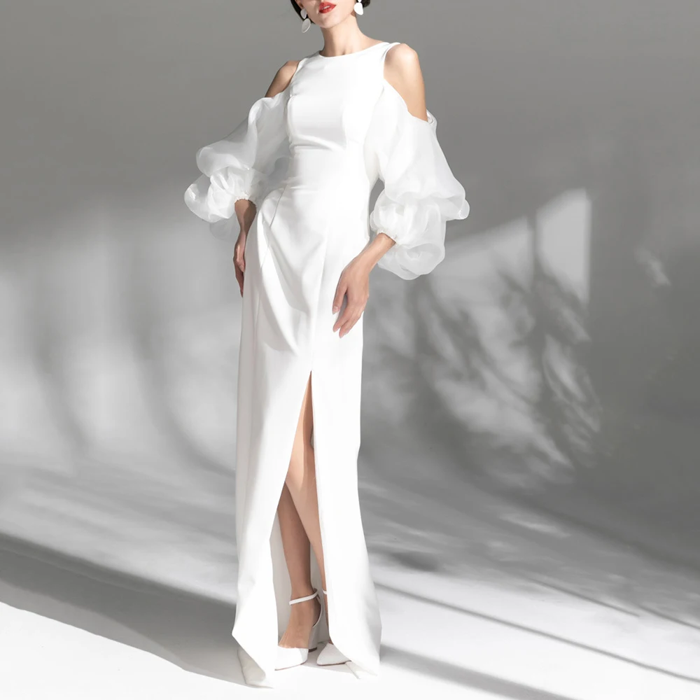 

Elegant White Evening Dresses Long Off The Should Hollow Split Sexy Floor-Length Female Sweet Formal Party Dress 2020