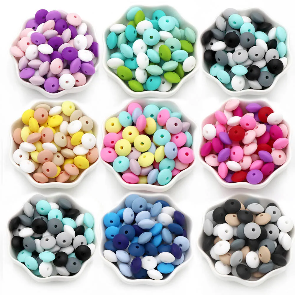 Joepada 50Pcs 12MM Lentil Silicone Beads BPA Free Diy Eco-friendly Baby Teether Teething Pacifier Chain Necklace Pendant