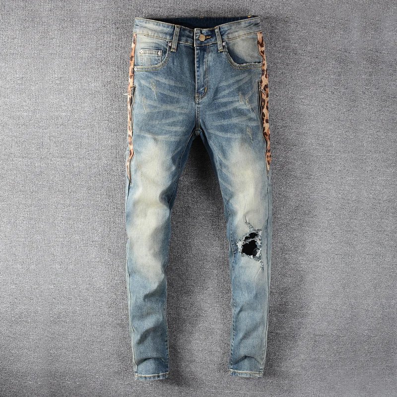 

Fashion Streetwear Men Jeans Retro Blue Slim Fit Destroyed Ripped Jeans Men Patchwork Designer Hip Hop Jeans Men Biker Pants