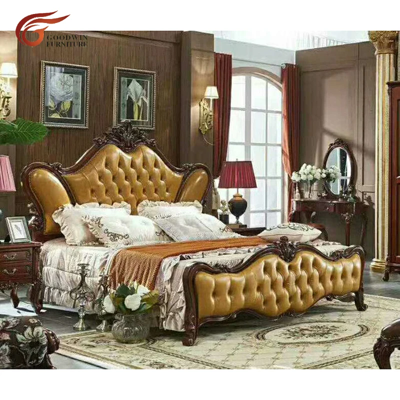 European style bedroom furniture set luxury wood double bed designs WA588