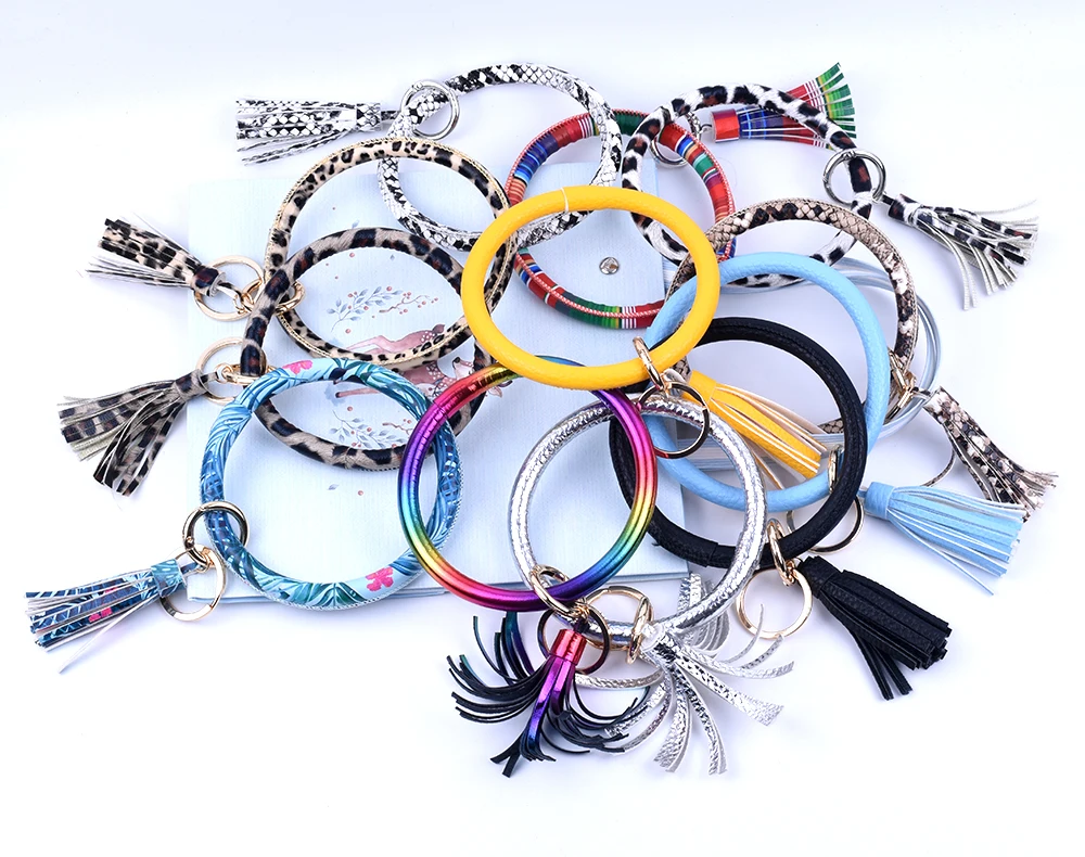 

New Fashion Multiful Tassel Keychain Enamel PU Leather O Key Chain Monogram Circle Wristlet Keychain For Women Car keychain
