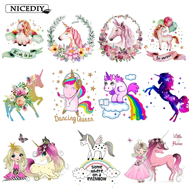 

Nicediy Unicorn Iron On Cartoon Cute Patch Heat Vinyl Transfers Rainbow Thermal Sticker On Clothing DIY For Kid T-shirt Applique