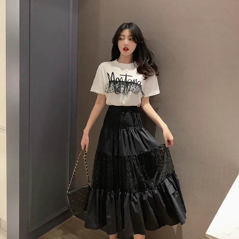 

Very Fairy of France Non-mainstream Summer New Style Gauze Joint Short Sleeve T-shirt Women's + High-waisted Medium-length Skirt