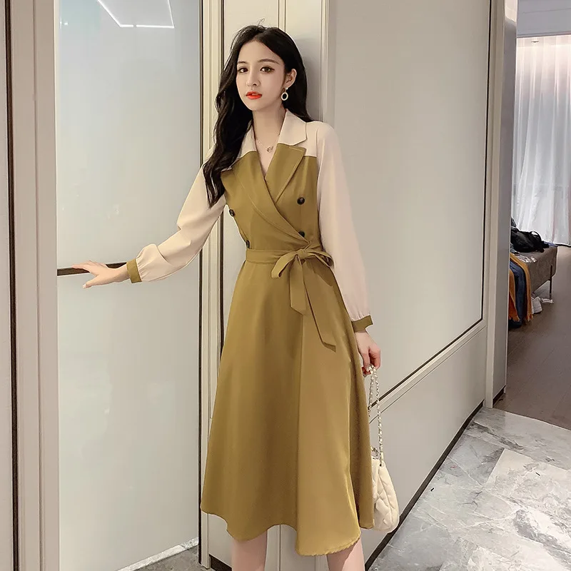 

2020 Spring New Style Online Celebrity Slimming Elegant Joint Skirt Mid-length Long-sleeved Dress Women's Fashion