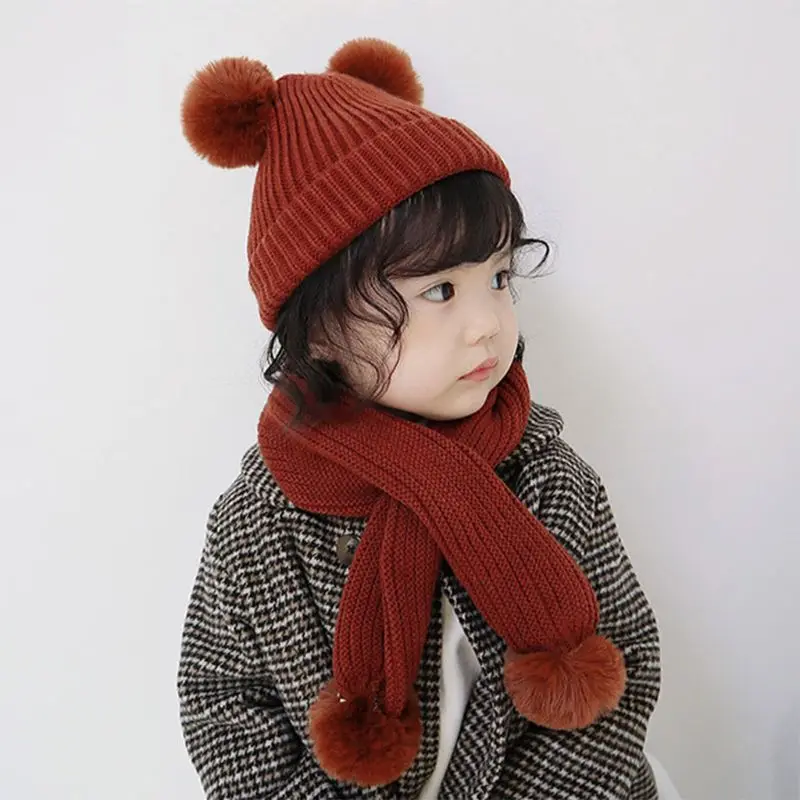 Детский шарф, вязаная шапка(комплект), одноцветная, с 2 шариками, детская шаль на осень и зиму