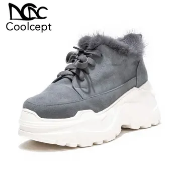 

CoolCept Women Warm Ankle Boots Fashion Cross Strap Platform Shoes Women Height Increasing Winter Plush Fur Footwear Size 34-39