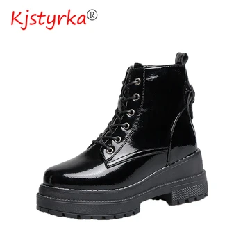 

Kjstyrka 2020 Woman Lace Autumn Boots Womens Ladies Chunky Wedge Platform Black Patent Leather Ankle Boots Punk Goth