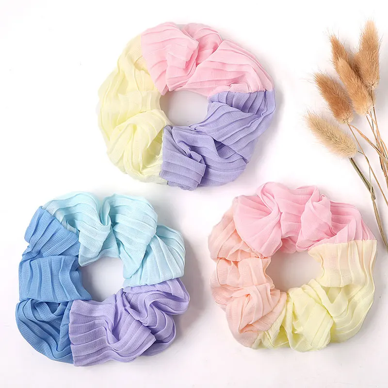 

New Chiffon Tricolor Color Matching Scrunchie Girls Elastic Fashion Ponytail Holder Hair Ring Rope For Women Hair Accessories