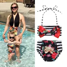 Meihuida/комплект из 2 предметов; одежда для купания для маленьких девочек; купальный костюм с цветочным принтом и бантом; бандажный комплект бикини с лямкой на шее; купальник с высокой талией в полоску; Комплект для малышей