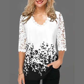

Women V Neck T Shirt Half Sleeve tops 2020 plus size Spring Print Floral Pullover Hollow Out Lace Female Casual T Shirt