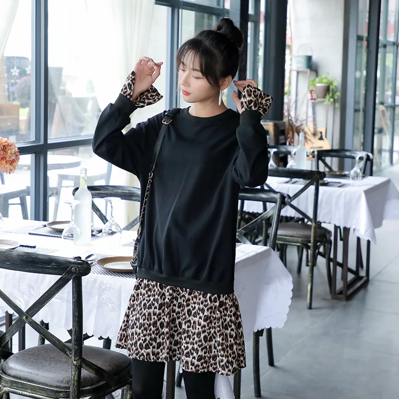 

Maternity Clothes Spring And Autumn New Style Korean-style Loose-Fit Mid-length Mock Two-Piece Leopord Pattern Splicing Dress Fa