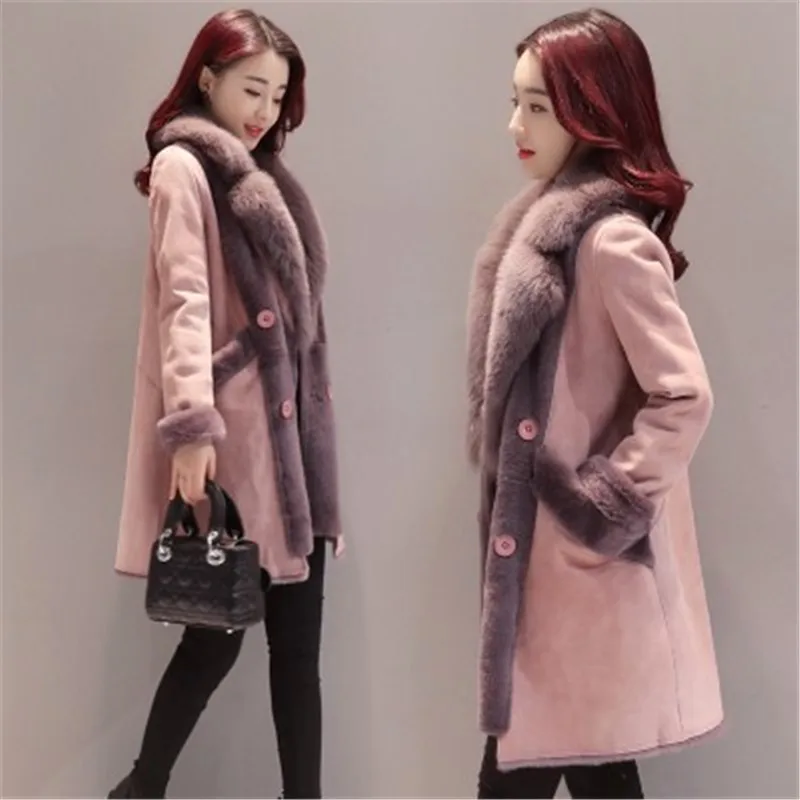 2019 New Winter Suede Trench Coat Women Plus Velvet Thicken Lamb hair Warm Double-breasted Female Elegant Long Outerwear R1056