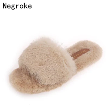 

2019 Women Furry Slippers Ladies Cute Plush Rabbit Hair Fluffy Sandals Women's Fur Slippers Winter Warm Slippers for Women