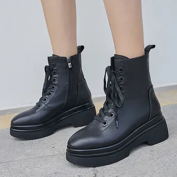 

Women's genuine leather chunky heel platform lace-up ankle boots warm plush autumn comfortable short booties punk casual shoes