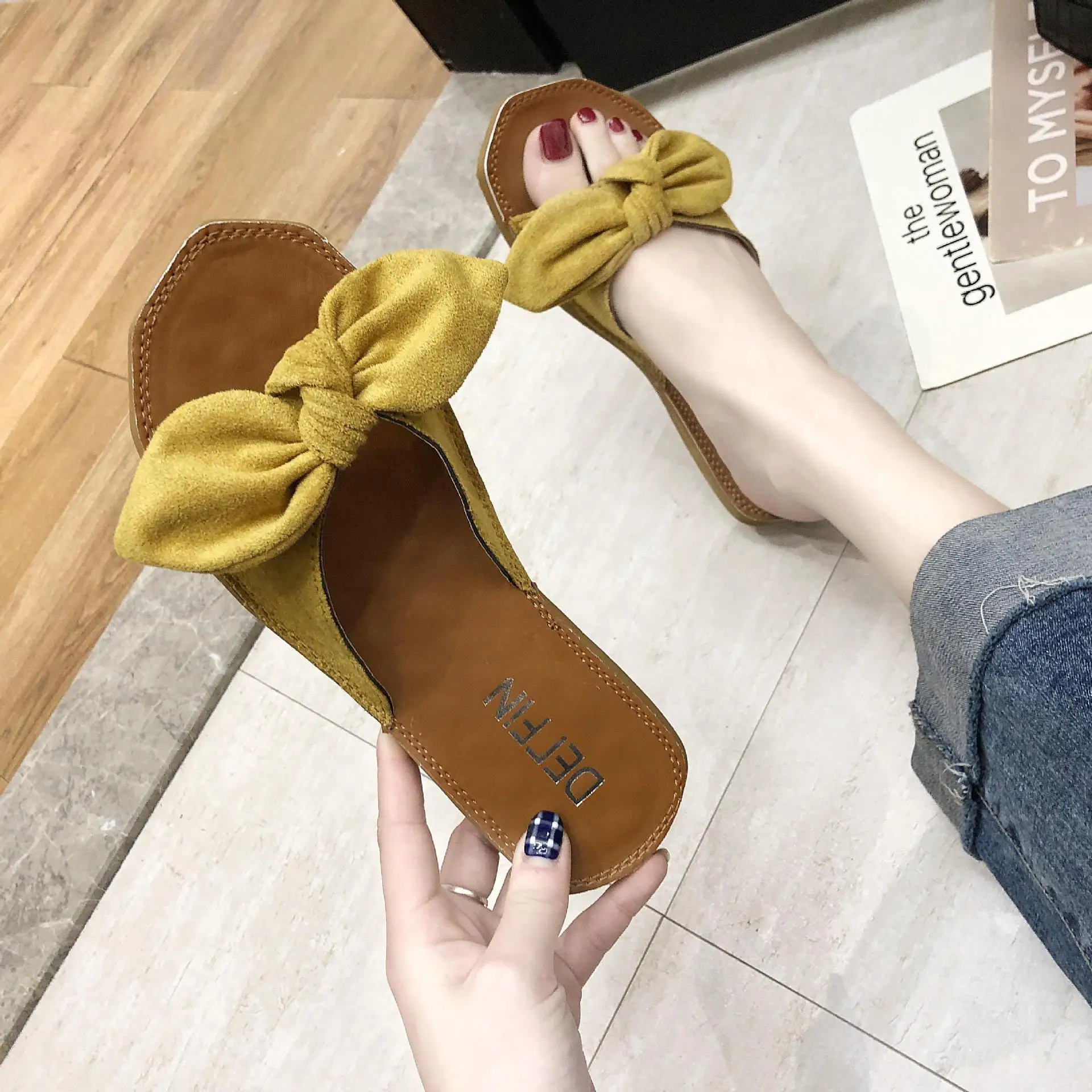 

Bow Slipper Women's Outer Wear 2019 Spring Summer New Style WOMEN'S Shoes Korean-style Versatile Flat Students Beach Sandals