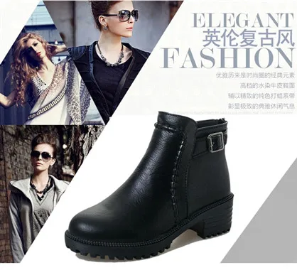 Women's Ankle Boots Zipper Square heel Vintage Print Leather Shoes for Women Buckle Strap Round Toe Casual Short Boots Shoes