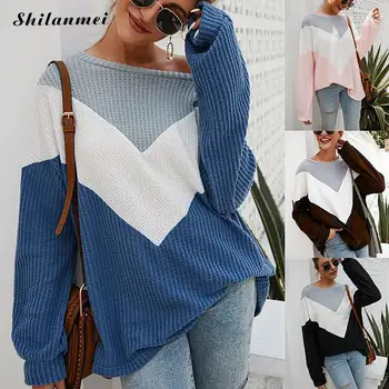 

New Causal Pull Femme Sweater Pullovers 2019 Autumn Winter Sweater Women Long Slevee Striped O Neck Patchwork Fashion Knitwear