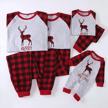 価格 #46家族マッチング服christmaママパパ私チェック柄鹿長袖トップ + パンツ家族pjsマッチングセットスパースターナヴィダードファミリア