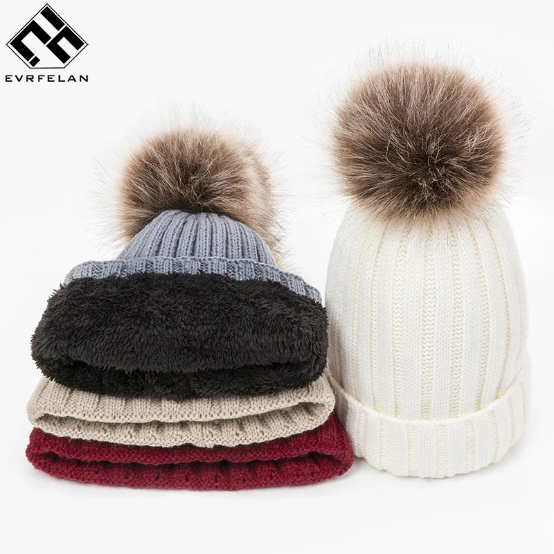 Evrfelan Новые Вязаные хлопковые зимние шапки для женщин помпоны мяч Лыжная шапка шапочки утолщенные теплые зимние шапочки шапки уличные gorras