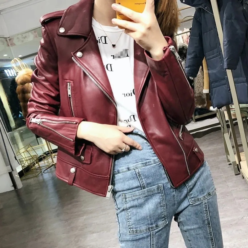 Wine red Модное женское пальто из овчины красного вина, кожаное пальто, мотоциклетное Женское пальто, короткое ветрозащитное осеннее свободное кожаное пальто - Цвет: Wine red
